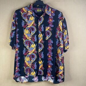 Billion Bay Men's XL‎ Dragon Print Button Up Shirt 'Dragon God' Black Rayon EUC